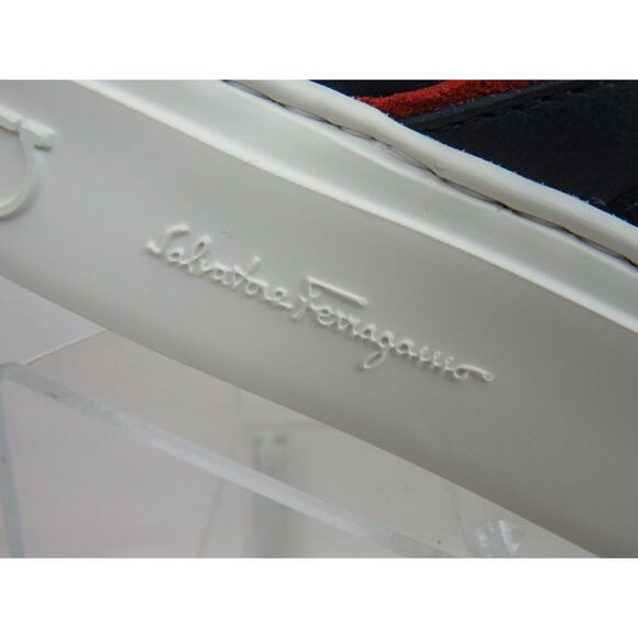 $795 FERRAGAMO NORIS NAVY LEATHER RED SUEDE SF LOGO WHITE SNEAKERS 11.5 M ITALY